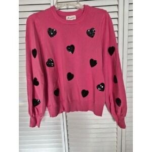 Marled Pink Sequin Heart Puff Sleeve Crewneck Sweater Womens Medium